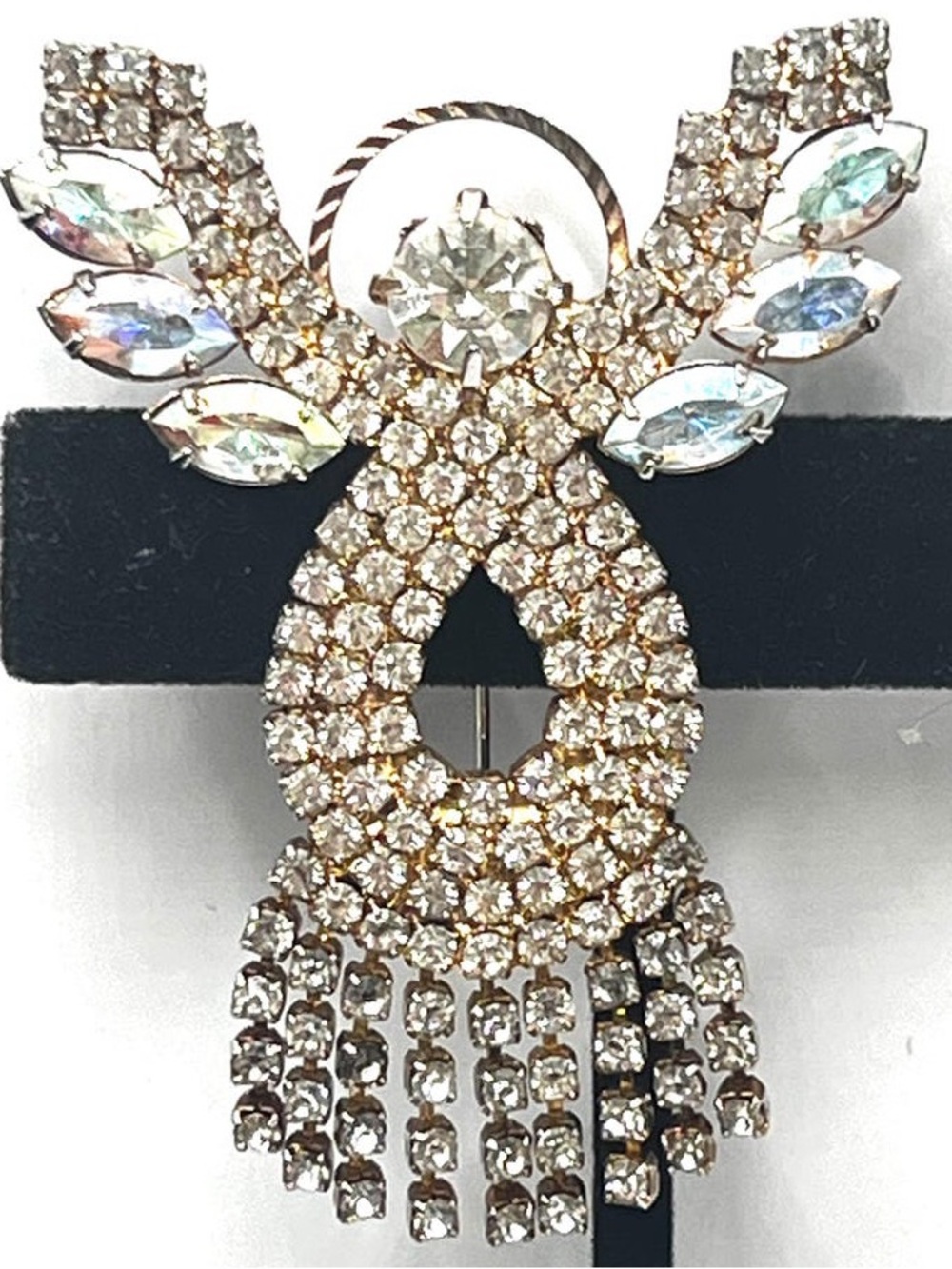 Vintage Angel Brooch Clear AB Rhinestone Articulated Christmas Angel Pin 2.25”